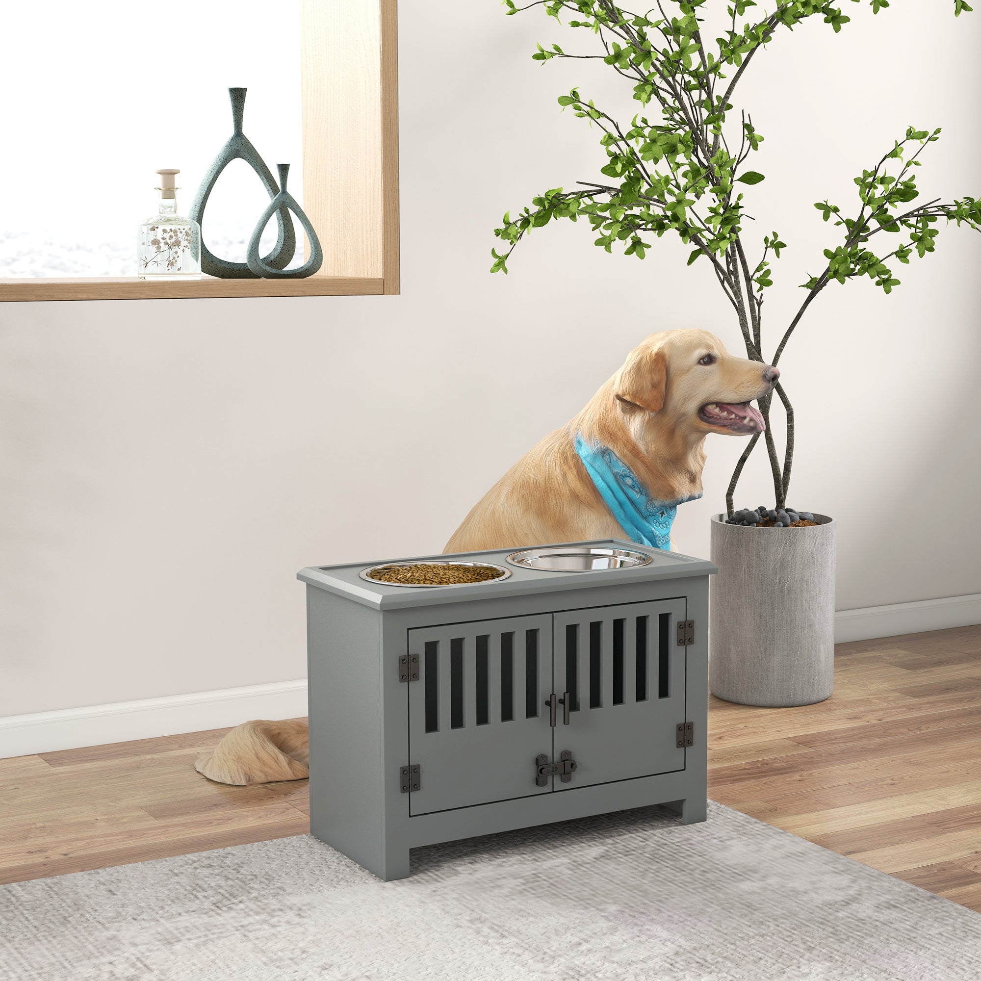 PawHut Large Elevated Dog Bowls with Storage Cabinet Containing Large 37L Capacity, Raised Dog Bowl Stand Pet Food Bowl Dog Feeding Station, Gray