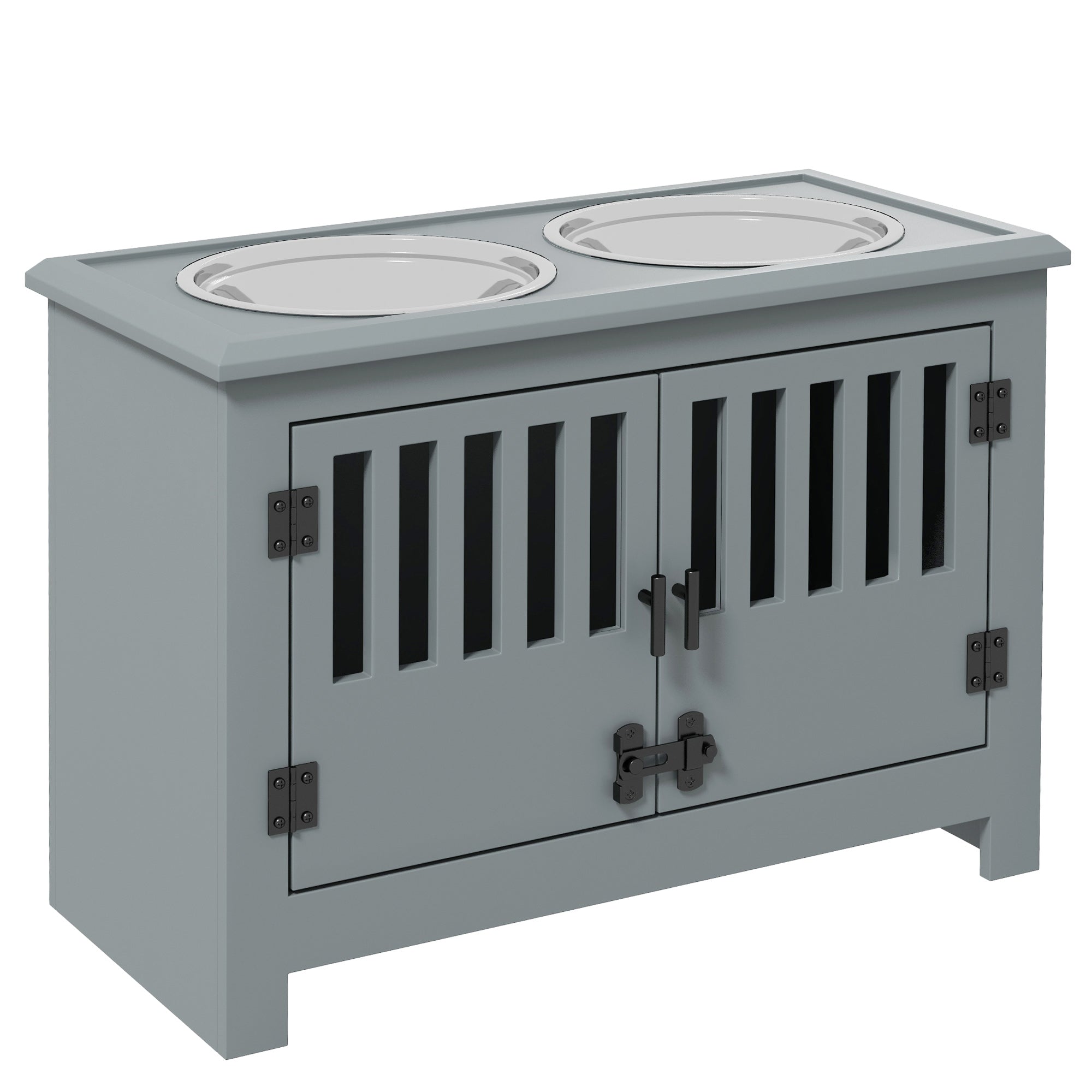 Raised Dog Bowls for Large Dogs, Pet Feeding Station, Doors with Latch, Storage Cabinet, Two Stainless Steel Bowls - Grey