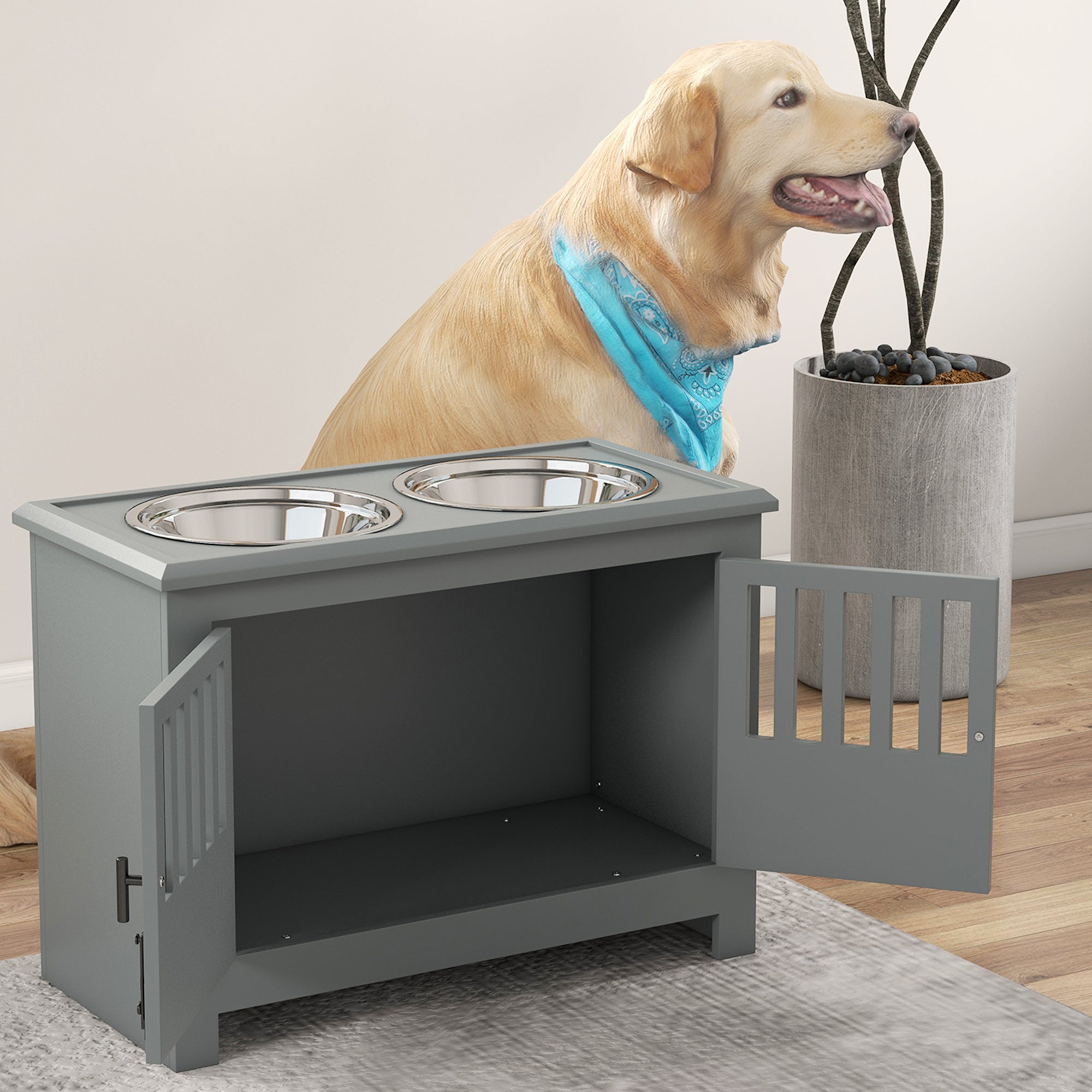 PawHut Large Elevated Dog Bowls with Storage Cabinet Containing Large 37L Capacity, Raised Dog Bowl Stand Pet Food Bowl Dog Feeding Station, Gray