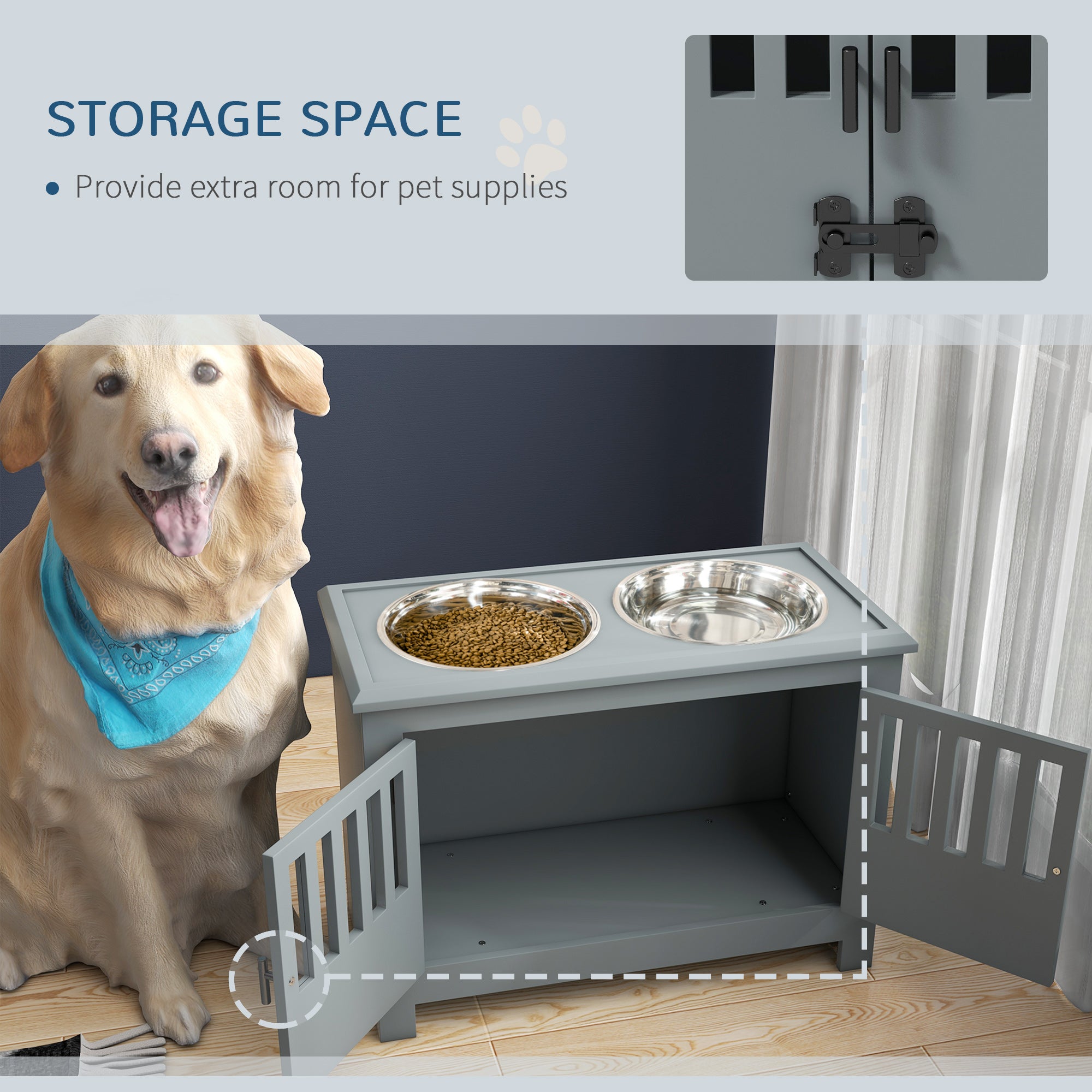 Raised Dog Bowls for Large Dogs, Pet Feeding Station, Doors with Latch, Storage Cabinet, Two Stainless Steel Bowls - Grey