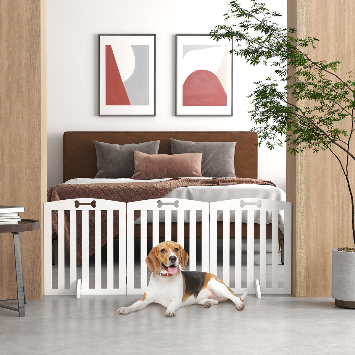 Wooden Dog Gate, Freestanding Pet Gate with Support Feet for Doorways, Hallways, Stairs, 3-Panel Pet Fence for Small Medium Dogs, 155L x 61H cm, White