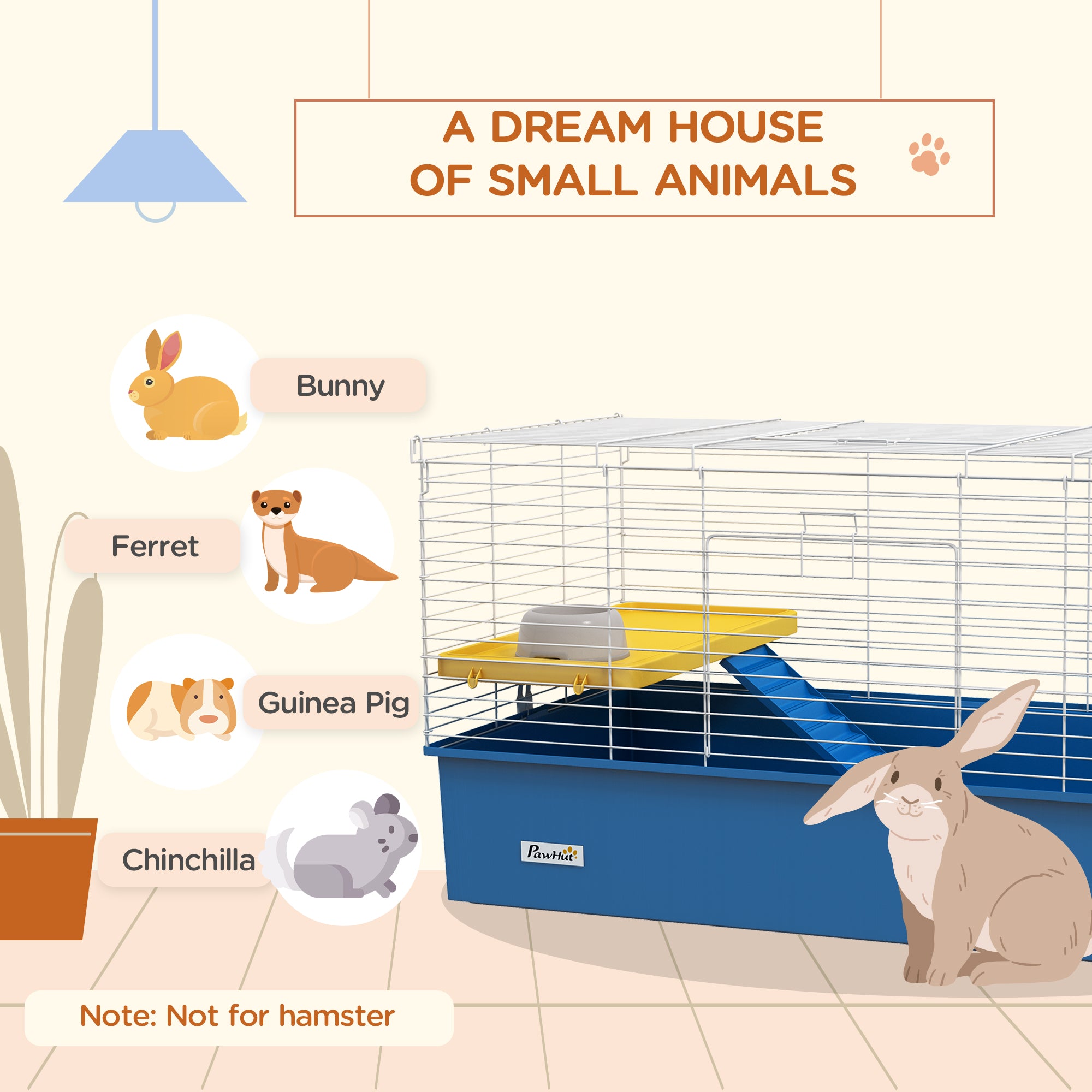Guinea Pig Cage Chinchillas Rabbit Small Animal Cage with Ramp, Dish, Water Bottle, 99 x 52 x 53cm, Blue