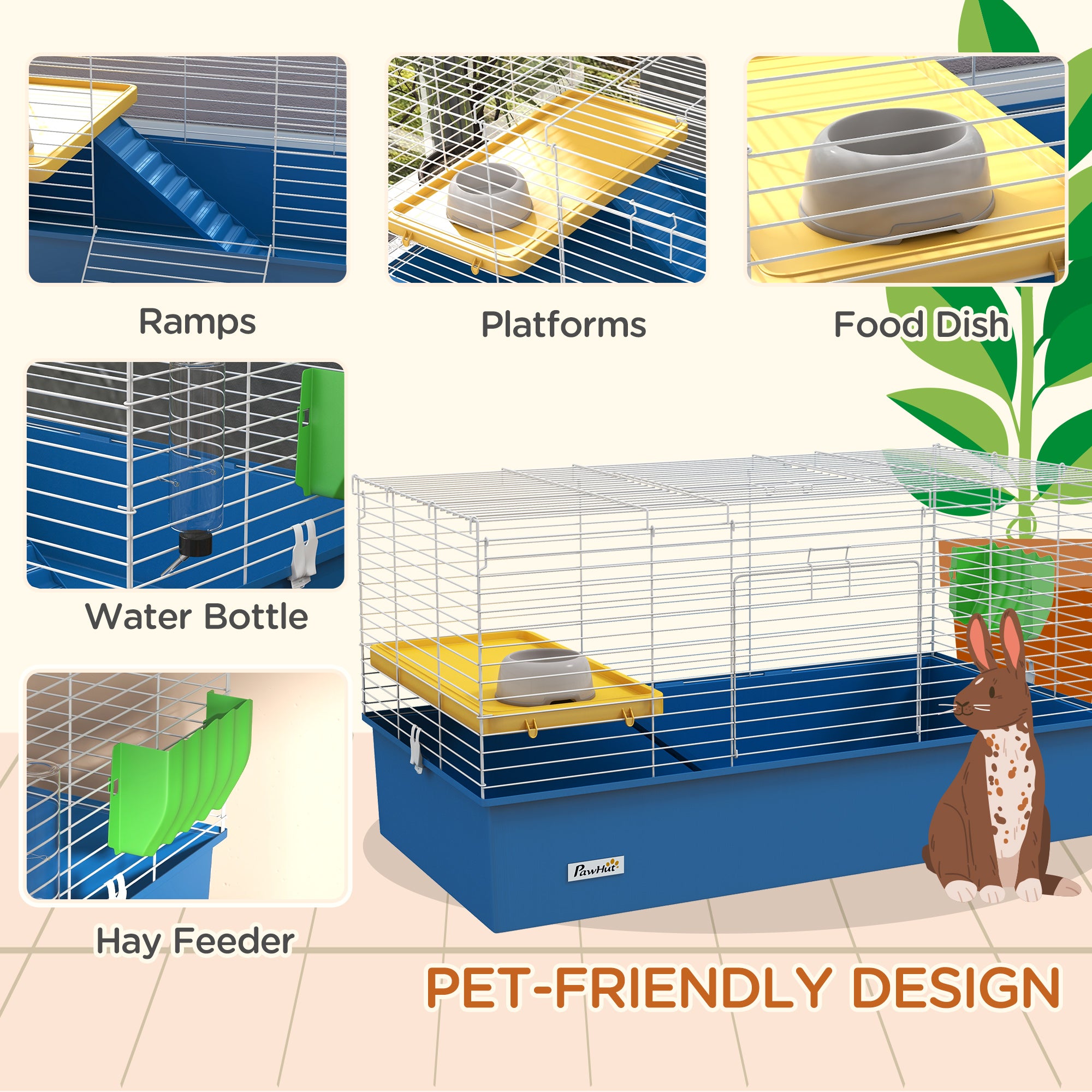 Guinea Pig Cage Chinchillas Rabbit Small Animal Cage with Ramp, Dish, Water Bottle, 99 x 52 x 53cm, Blue
