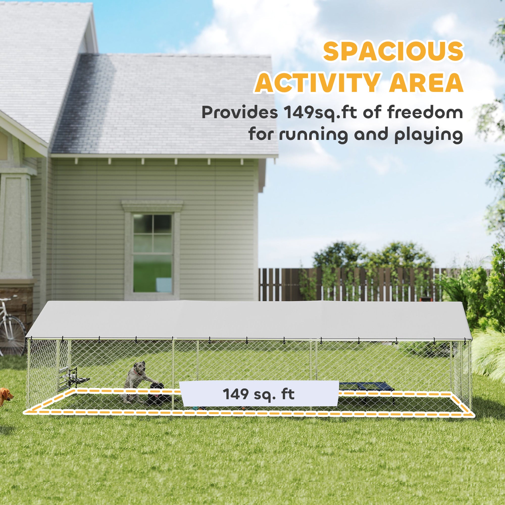 Outdoor Dog Kennel with Roof, 20' x 7.5' x 5' Chain Link Dog Run with Waterproof UV-Resistant Cover, Double Secure Locks, Adjustable Rotating Bowls, for Large Breeds, Chickens, Ducks, Geese