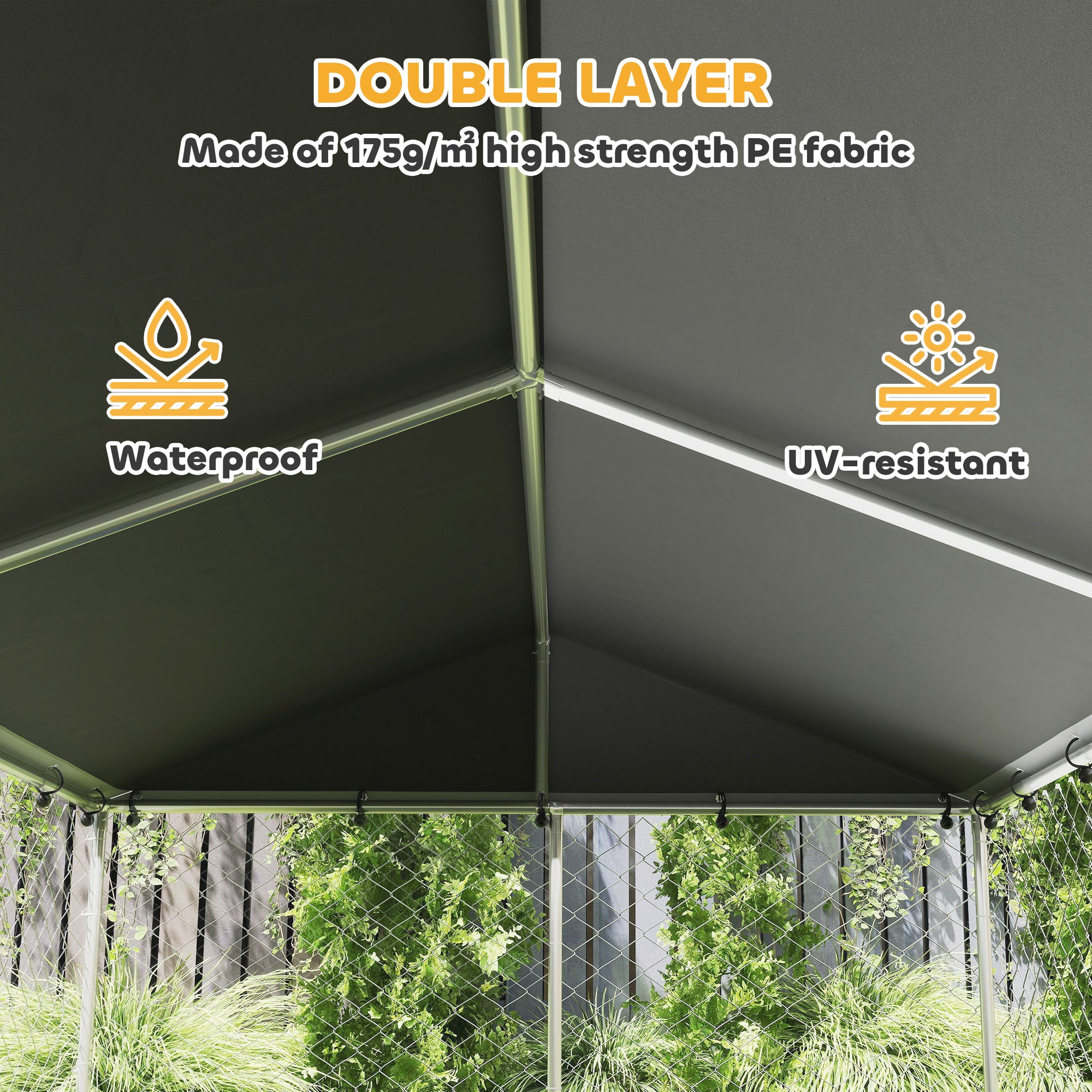 Outdoor Dog Kennel with Roof, 20' x 7.5' x 5' Chain Link Dog Run with Waterproof UV-Resistant Cover, Double Secure Locks, Adjustable Rotating Bowls, for Large Breeds, Chickens, Ducks, Geese