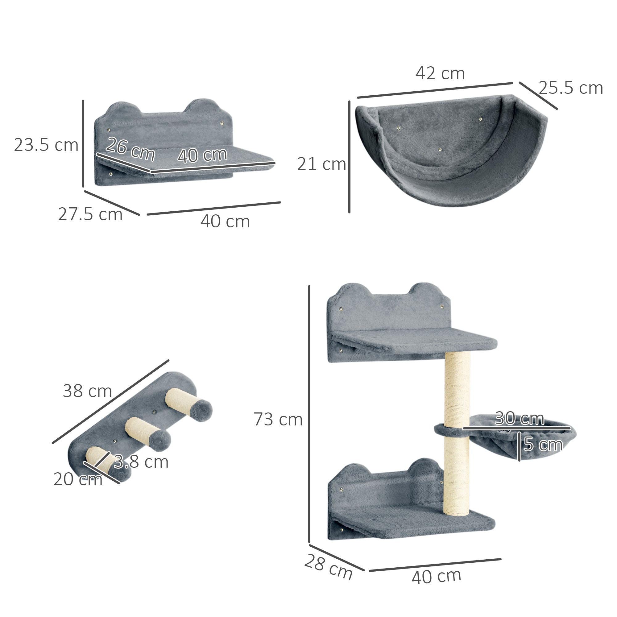 4PCs Wall Mounted Cat Tree Cat Wall Shelves Furniture Climbing Shelf Set Kitten Activity Centre w/ Hammock, Scratching Post - Grey