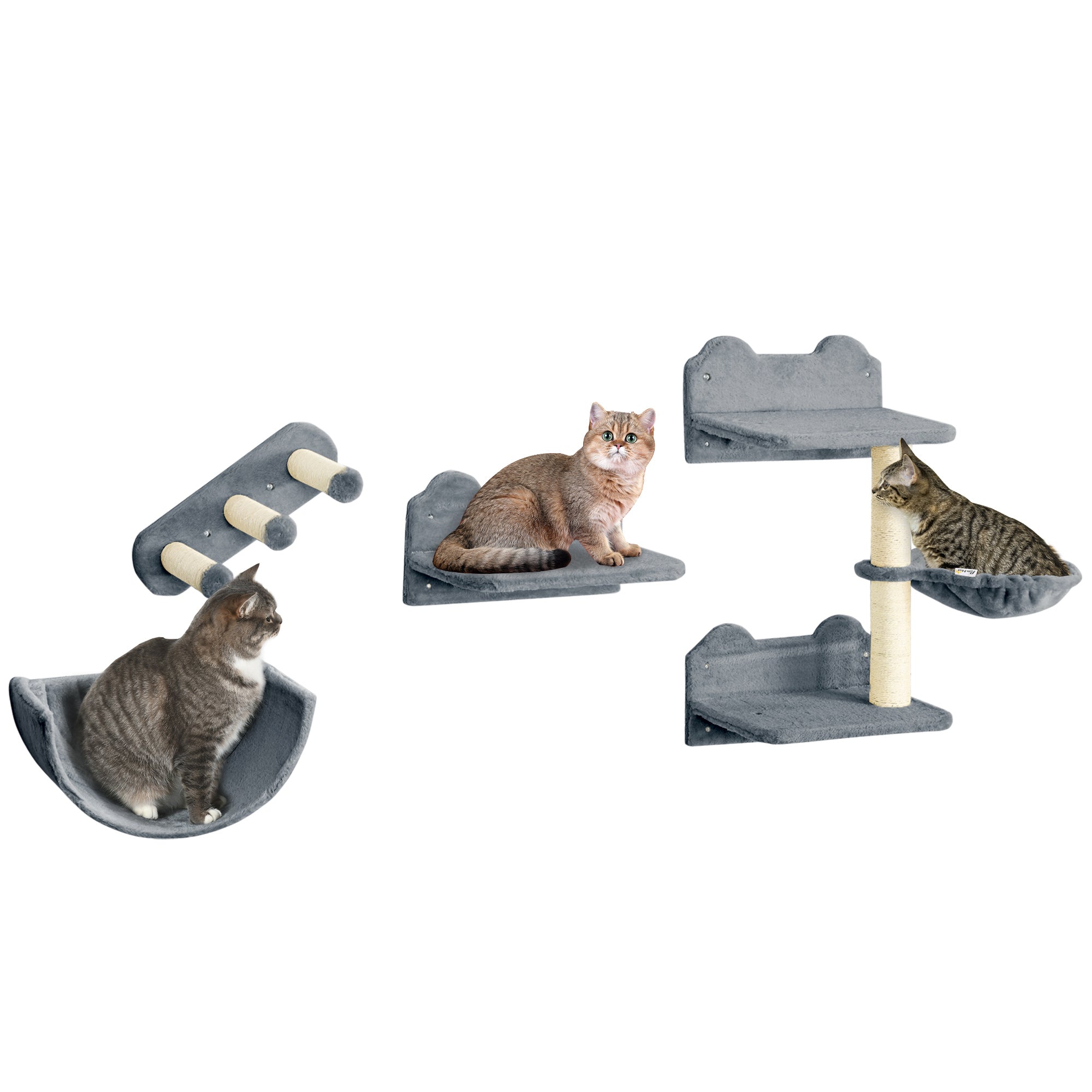 Cat Wall Shelves, 3PCs Cat Shelves with Hammock, Scratching Post, 3 Steps, Jumping Platforms, Wall Mounted Cat Climber, Grey