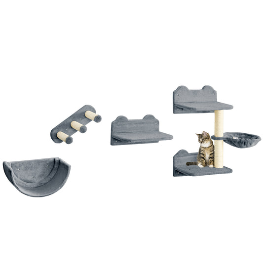 4PCs Wall Mounted Cat Tree Cat Wall Shelves Furniture Climbing Shelf Set Kitten Activity Centre w/ Hammock, Scratching Post - Grey