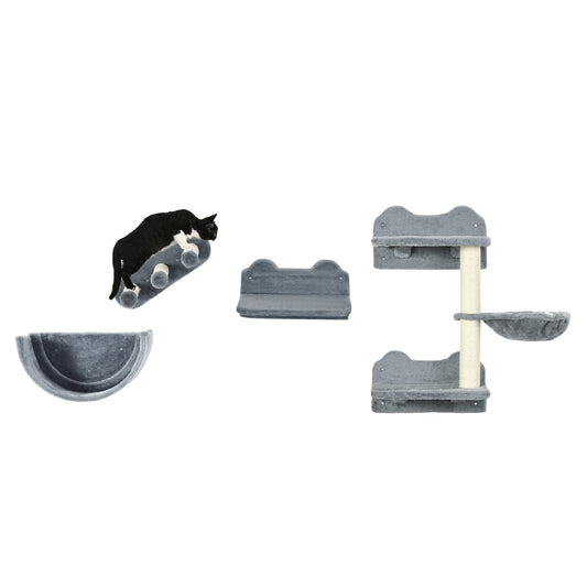 Cat Wall Shelves, 3PCs Cat Shelves with Hammock, Scratching Post, 3 Steps, Jumping Platforms, Wall Mounted Cat Climber, Grey