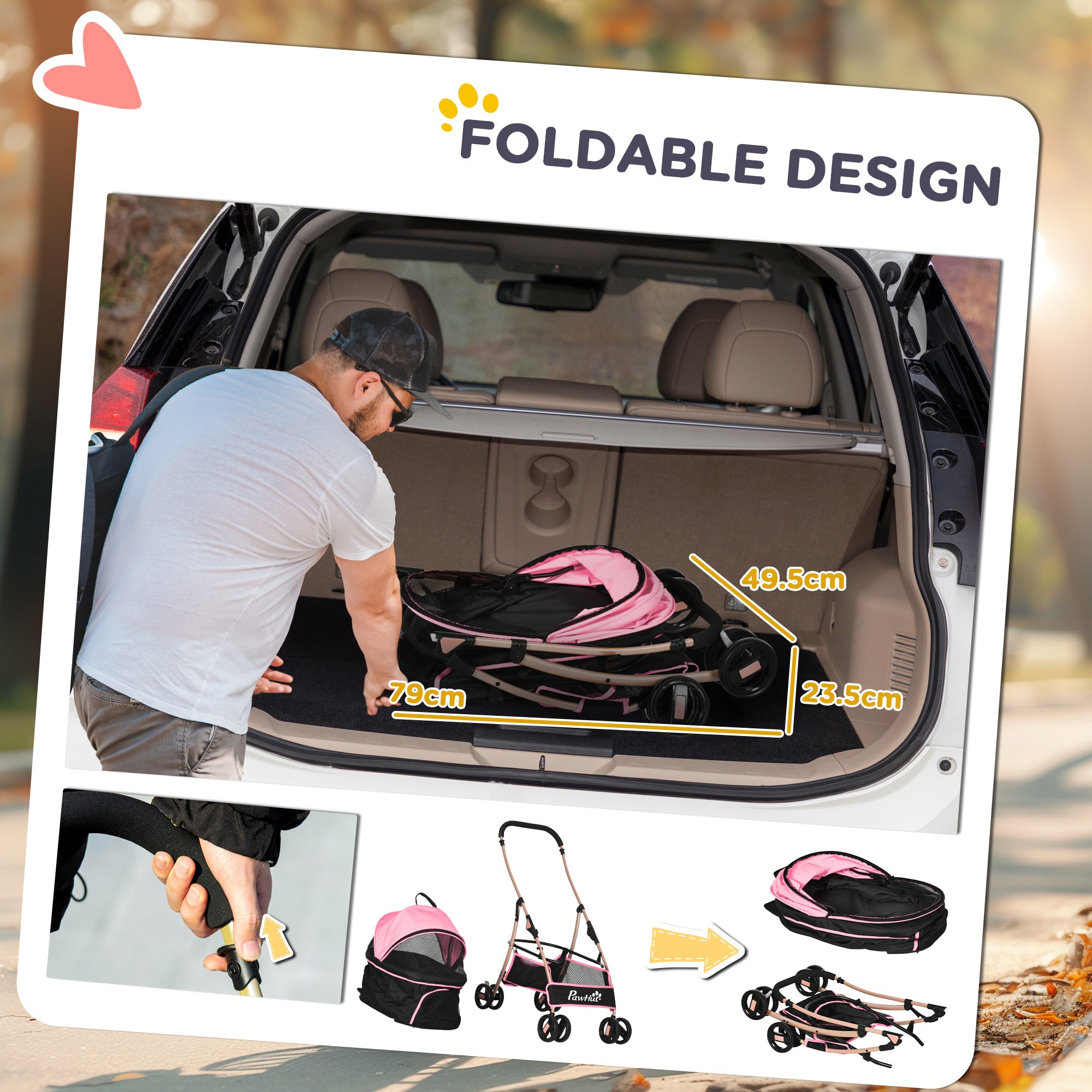 Dog Pram Dog Stroller 3 in 1 Pet Pushchair Detachable Design with Universal Wheels, Brake for Small Miniature Dogs - Pink