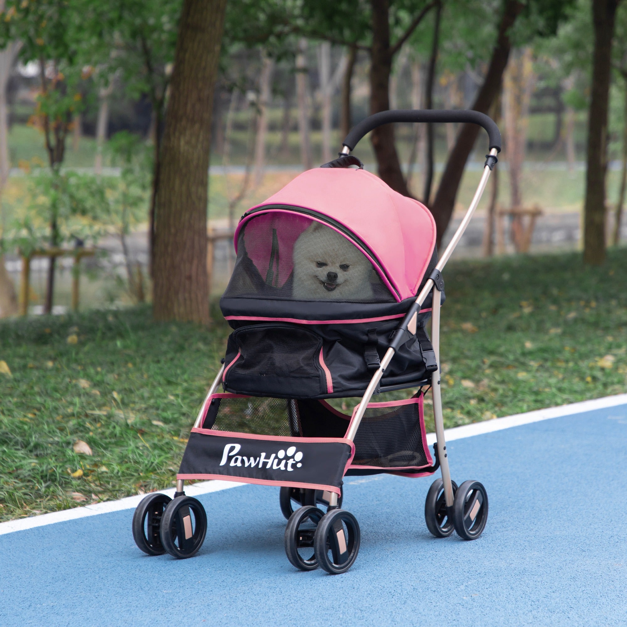 4 Wheels Pet Stroller, 3 in 1 Dog Cat Travel Folding Carrier, for Small Dogs, Detachable, w/ Brake, Canopy, Basket, Storage Bag - Pink