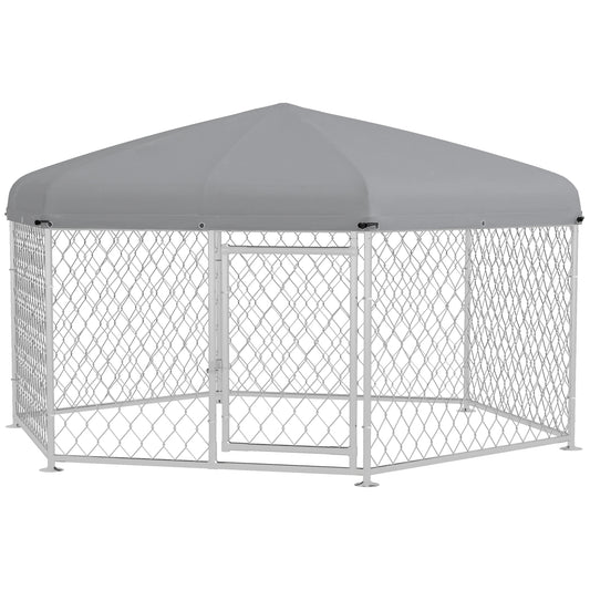 PawHut Dog Kennel Outdoor, Dog Run with Waterproof, UV Resistant Roof, Lockable Door, for Medium and Large-Sized Dogs, 6.9' x 6.1' x 4.9', Silver
