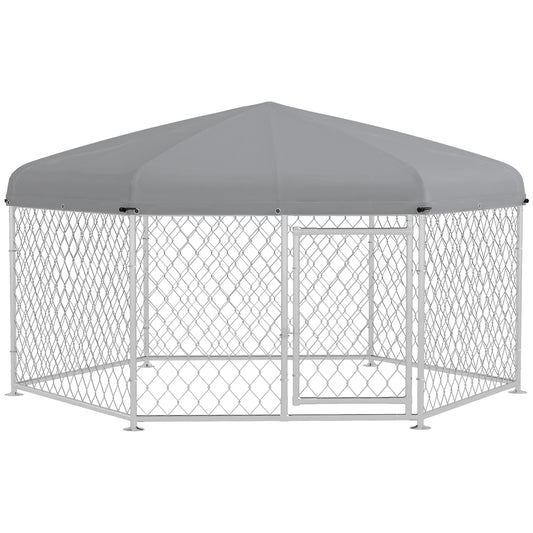 PawHut Dog Kennel Outdoor, Dog Run with Waterproof, UV Resistant Roof, Lockable Door, for Medium and Large-Sized Dogs, 6.9' x 6.1' x 4.9', Silver