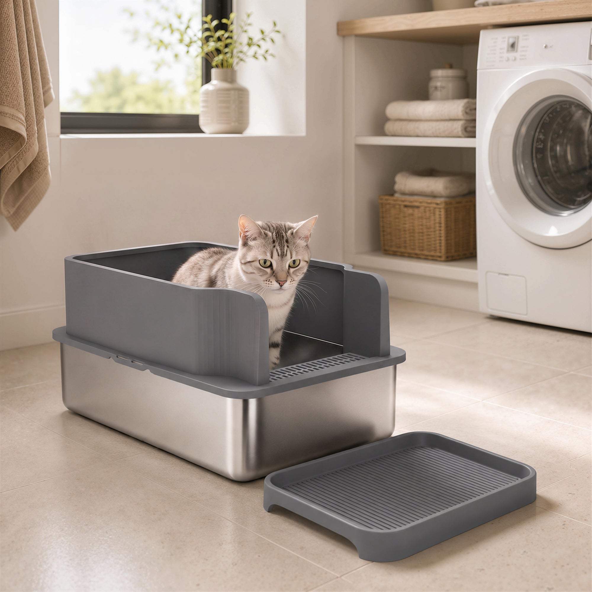 Stainless Steel Sifting Litter Box for Pine Pellets, Large Metal Litter Box with Sifter Tray, High-Sided, Anti-Leakage, Odor Control, Litter Pedal, Metal Scoop, 10 Pee Pads, 22.8"x14.6"x11.8"