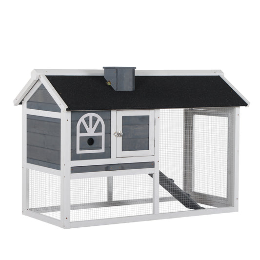 2 Tiers Rabbit Hutch and Run Wooden Guinea Pig Hutch Outdoor with Sliding Tray, Ramp, Water-resistant Roof, for 2-4 Rabbits, Grey