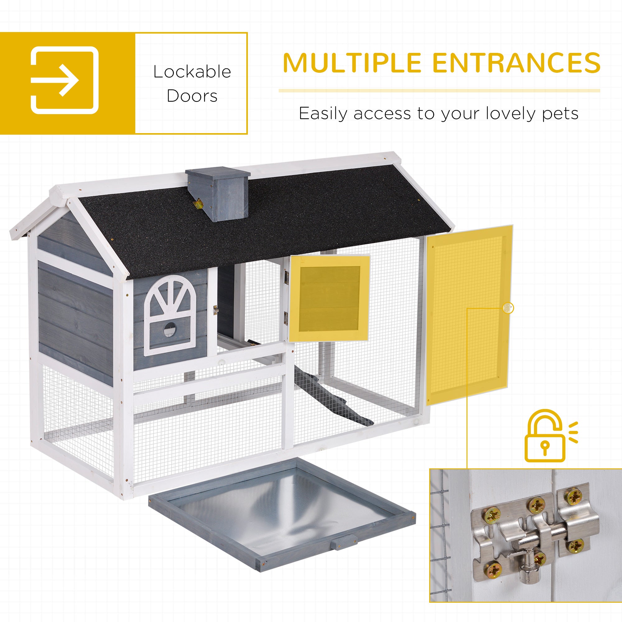 2 Tiers Rabbit Hutch and Run Wooden Guinea Pig Hutch Outdoor with Sliding Tray, Ramp, Water-resistant Roof, for 2-4 Rabbits, Grey