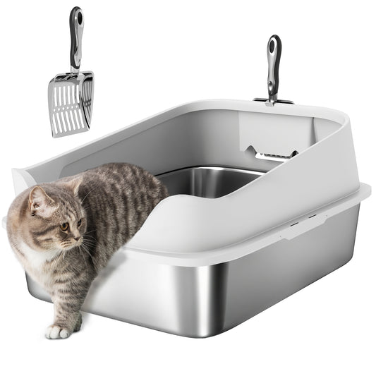 Cat Litter Box Stainless Steel, High Sided with Metal Litter Scoop, Never Absorbs Odors, Anti Leakage & Easy to Clean, 24" x 16" x 12", Grey