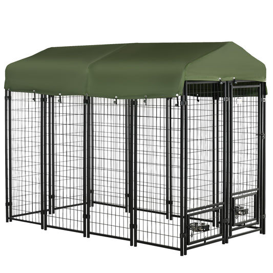 Outdoor Dog Kennel, Run, Large Wire Steel Fence, Lockable Pet Playpen Enclosure, with Water-, UV-Resistant Canopy Top, Door, Rotating Bowl Holders, 8ft x 4ft x 6ft, Green