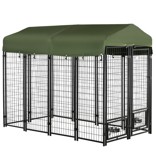 Outdoor Dog Kennel, Run, Large Wire Steel Fence, Lockable Pet Playpen Enclosure, with Water-, UV-Resistant Canopy Top, Door, Rotating Bowl Holders, 8ft x 4ft x 6ft, Green