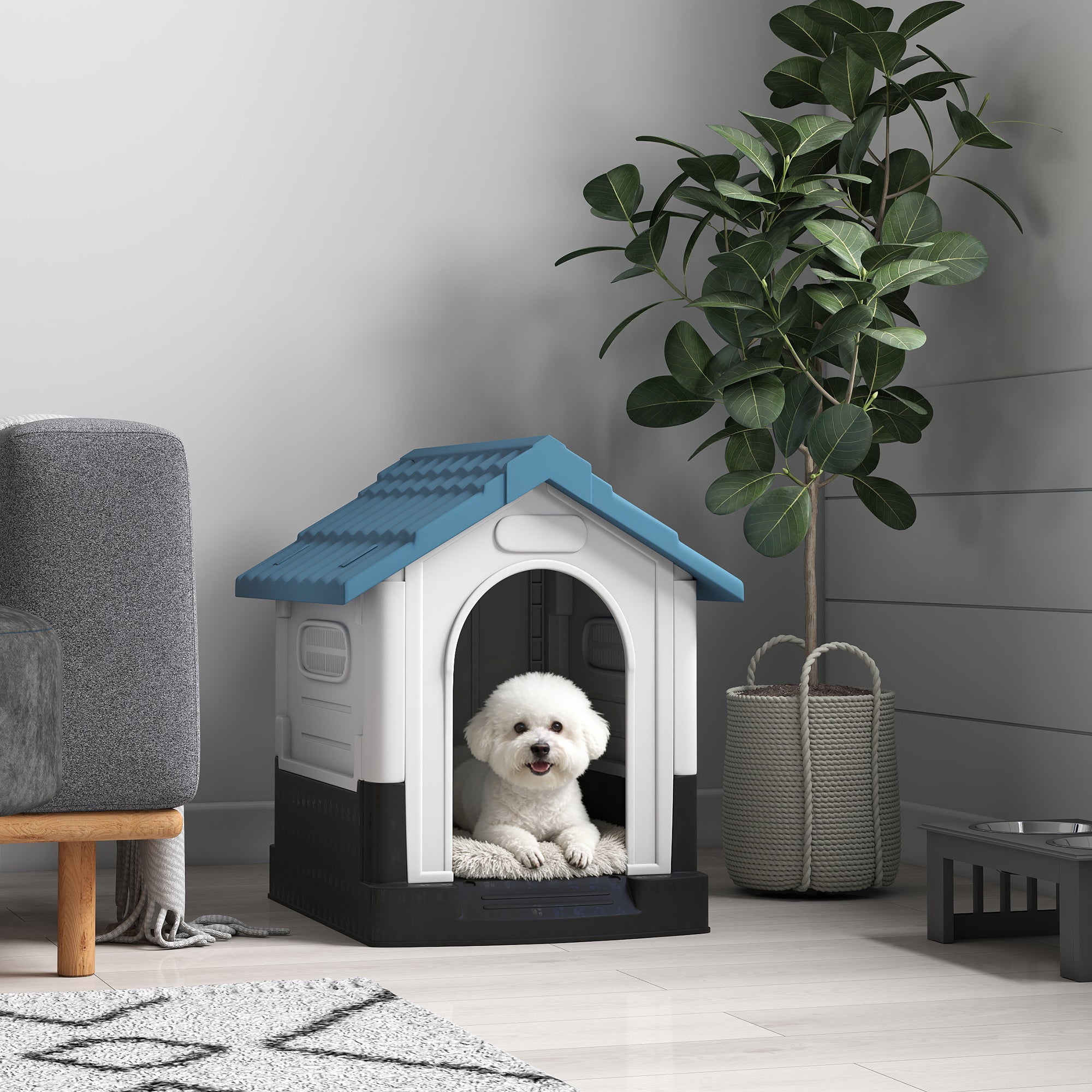 Outdoor Dog House, Plastic Dog Kennel, Water-Resistant Pet Shelter with Windows, Base Support for Garden Patio, Miniature Dogs, 25" x 22" x 26" - Blue