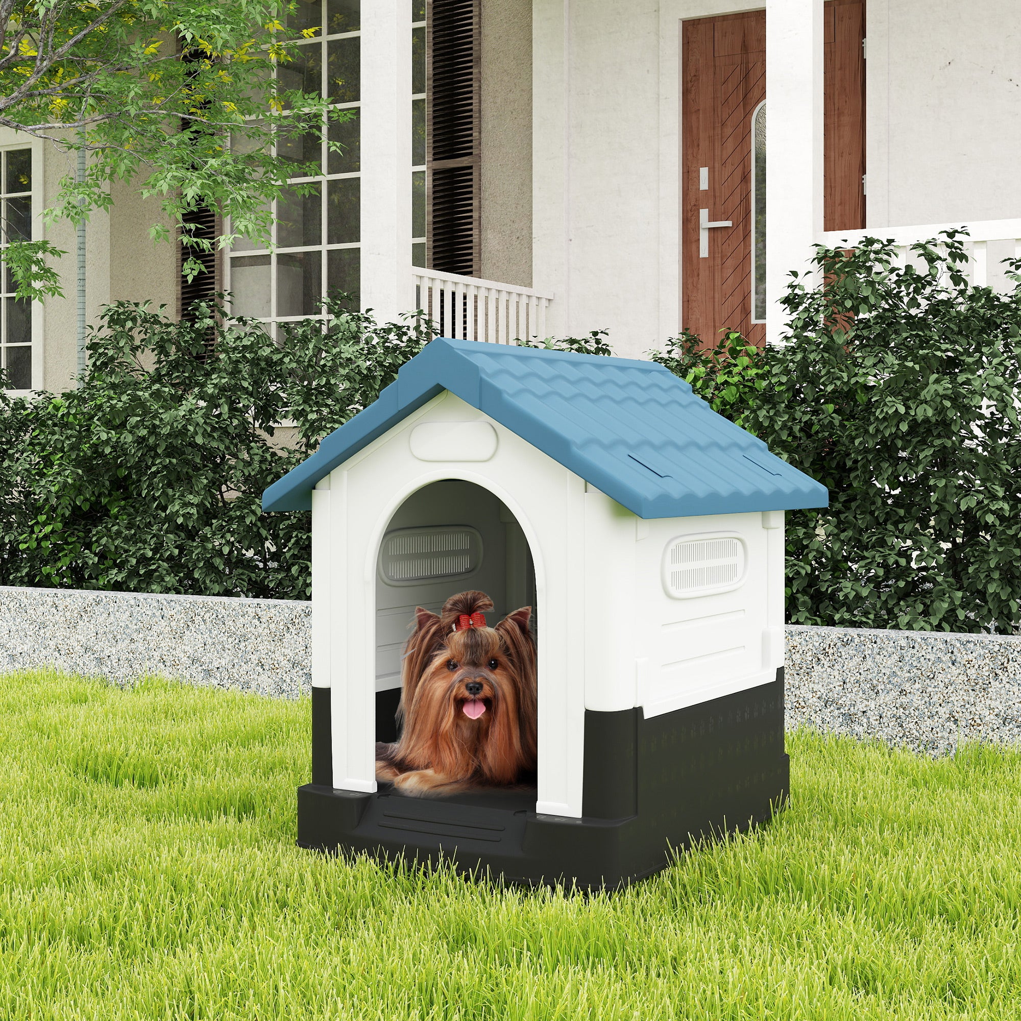 Outdoor Dog House, Plastic Dog Kennel, Water-Resistant Pet Shelter with Windows, Base Support for Garden Patio, Miniature Dogs, 25" x 22" x 26" - Blue