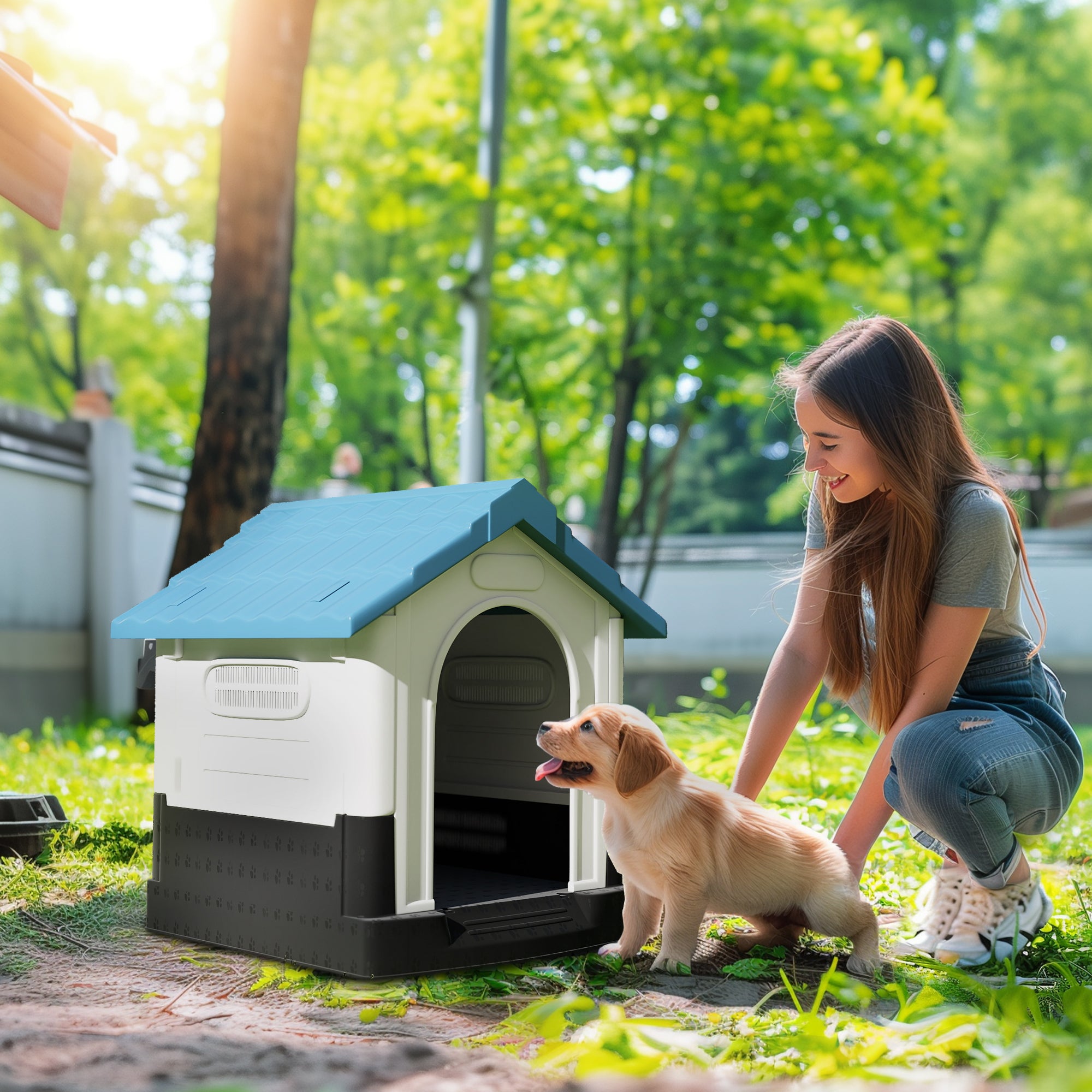 Outdoor Dog House, Plastic Dog Kennel, Water-Resistant Pet Shelter with Windows, Base Support for Garden Patio, Miniature Dogs, 25" x 22" x 26" - Blue