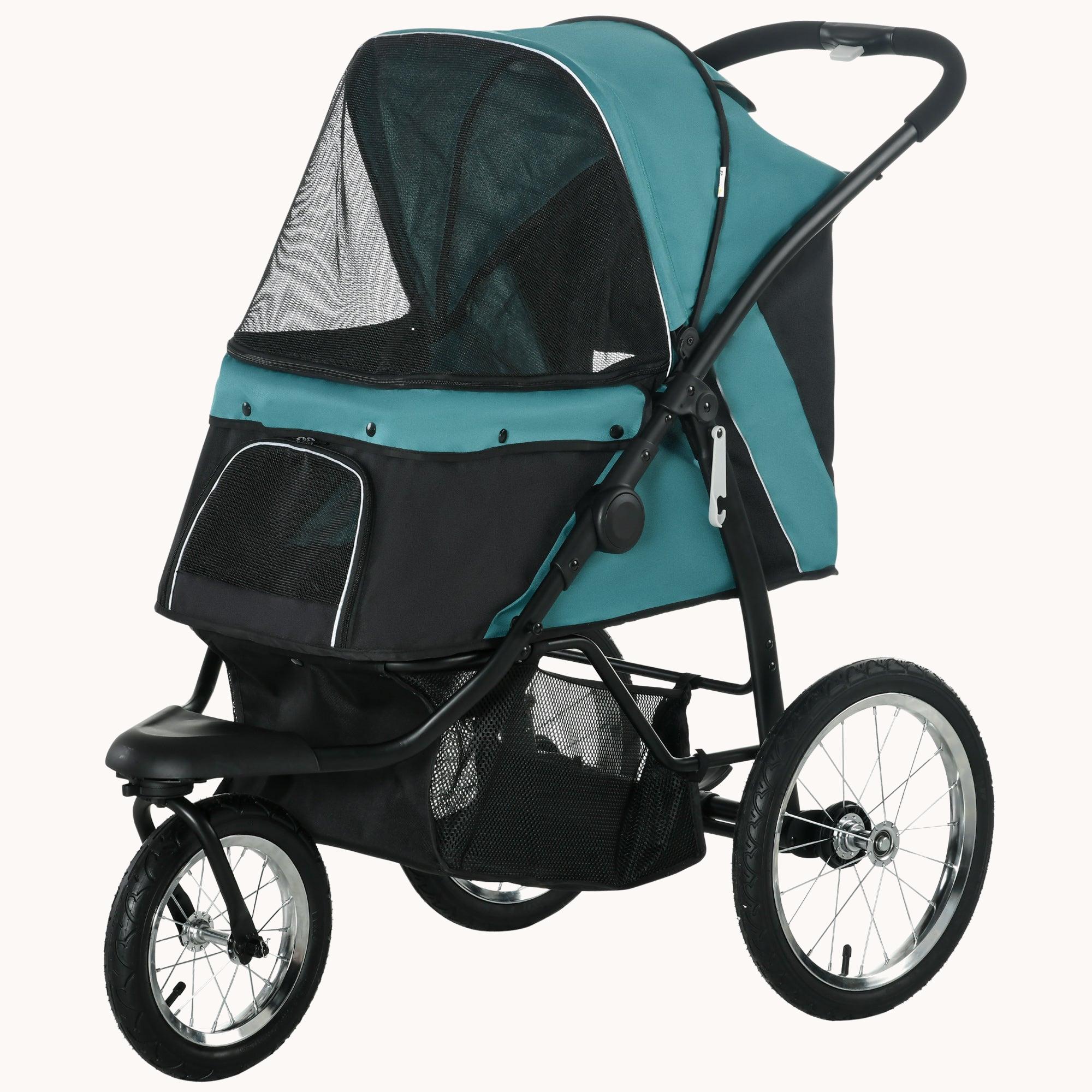 PawHut 3 Wheels Pet Stroller for Small Dogs and Medium Dogs with Adjustable Canopy, Safety Tether, Storage Basket, Dark Green