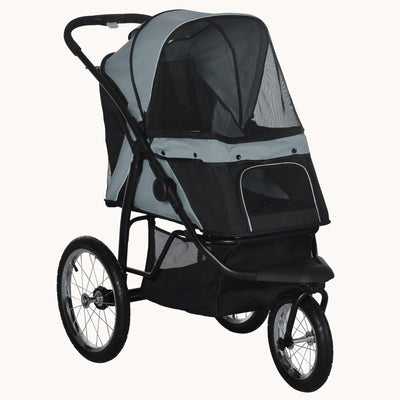 Pet Stroller with Rubber Wheels, Adjustable Canopy, Safety Tether for S to M dogs, Black