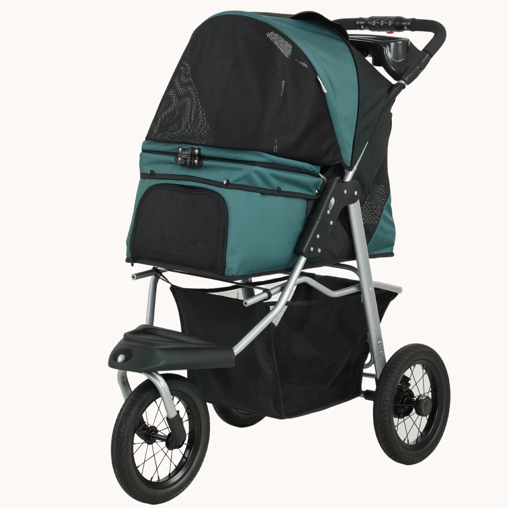 3-Wheel Foldable Dog Stroller with 12" Wheels Up to 22 lbs Mesh Window Dark Green