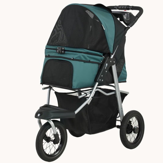3-Wheel Foldable Dog Stroller with 12" Wheels Up to 22 lbs Mesh Window Dark Green