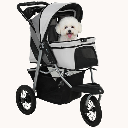Foldable 3-Wheel Dog Stroller with 12" Rubber Wheels Up to 22 LBS Light Gray