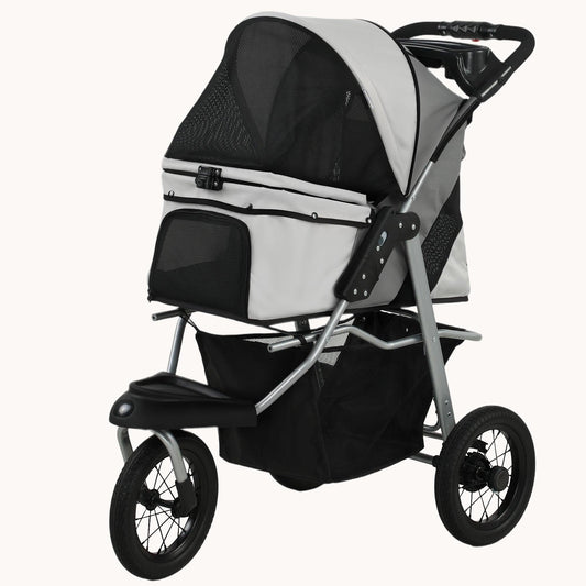Foldable 3-Wheel Dog Stroller with 12" Rubber Wheels Up to 22 LBS Light Gray