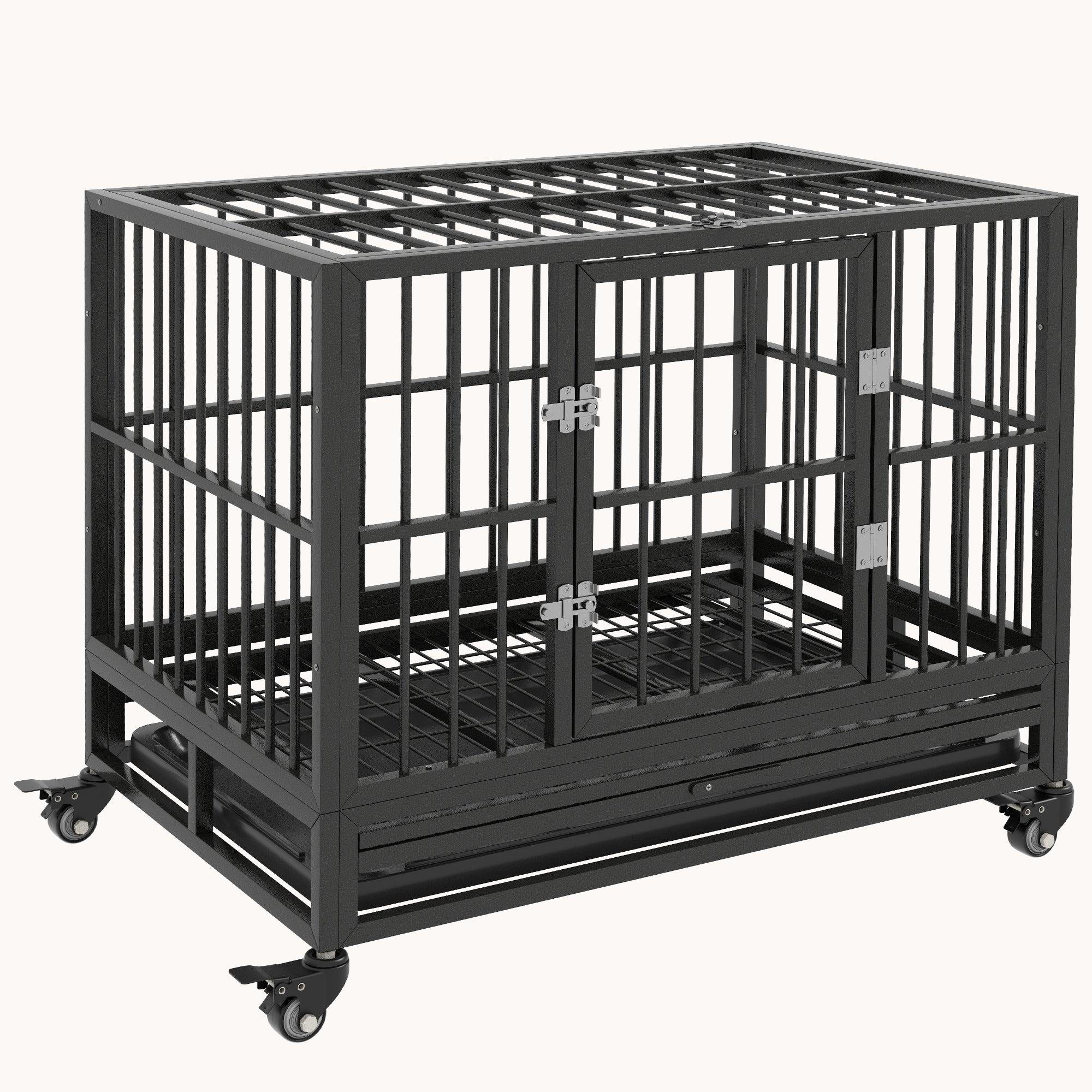 36" Heavy Duty Dog Crate with Lockable Wheels, Double Door & Removable Tray, Gray
