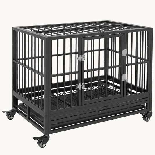 36" Heavy Duty Dog Crate with Lockable Wheels, Double Door & Removable Tray, Gray