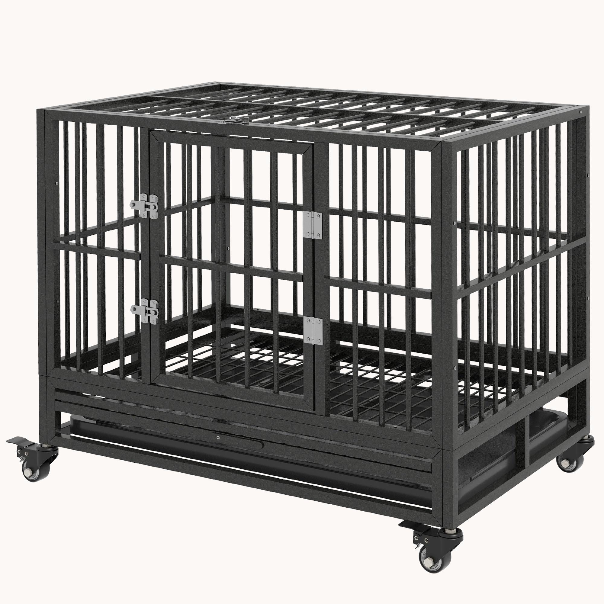 36" Heavy Duty Dog Crate with Lockable Wheels, Double Door & Removable Tray, Gray