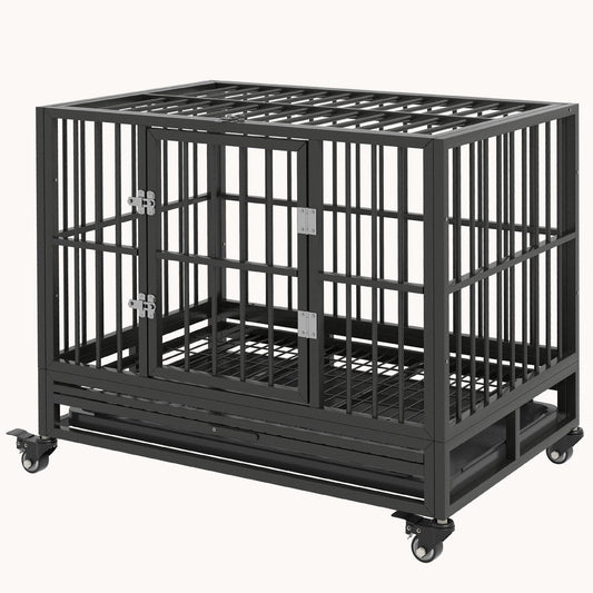 36" Heavy Duty Dog Crate with Lockable Wheels, Double Door & Removable Tray, Gray