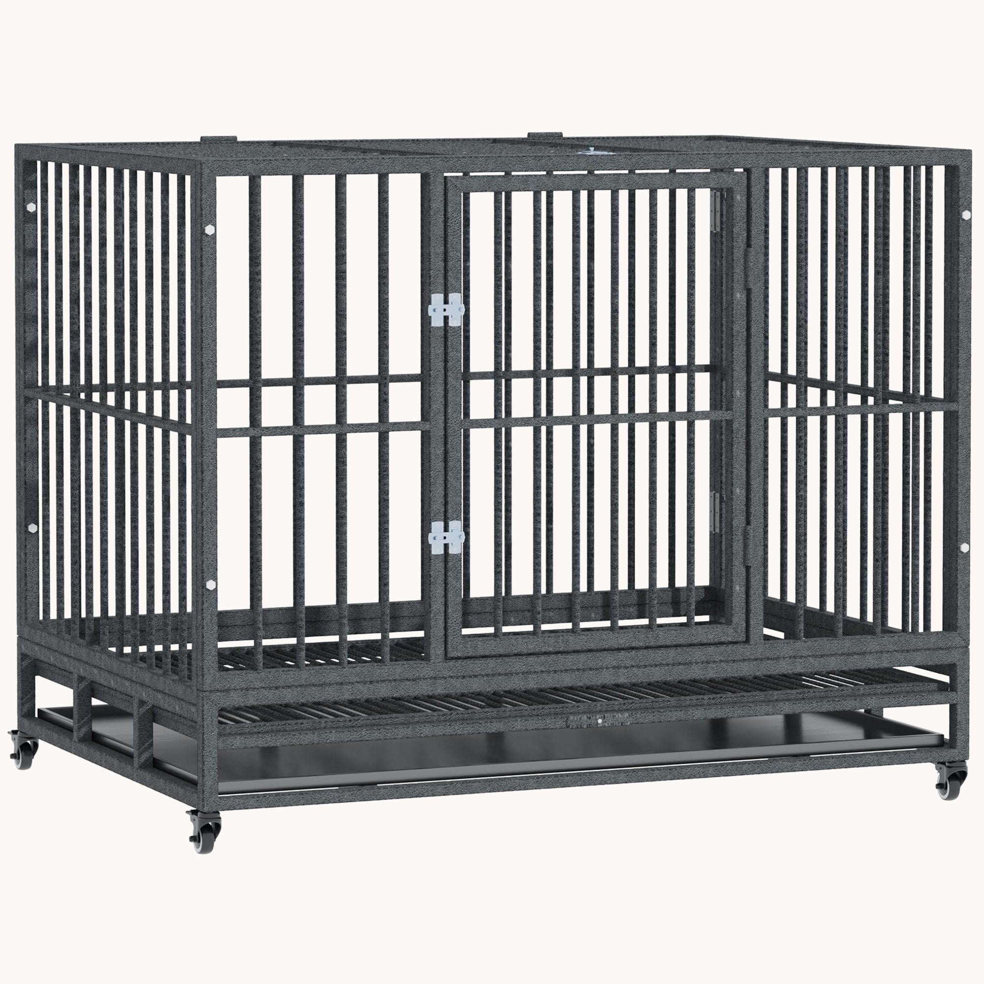 43" Heavy Duty Dog Crate with Lockable Wheels, Double Door & Removable Tray, Gray