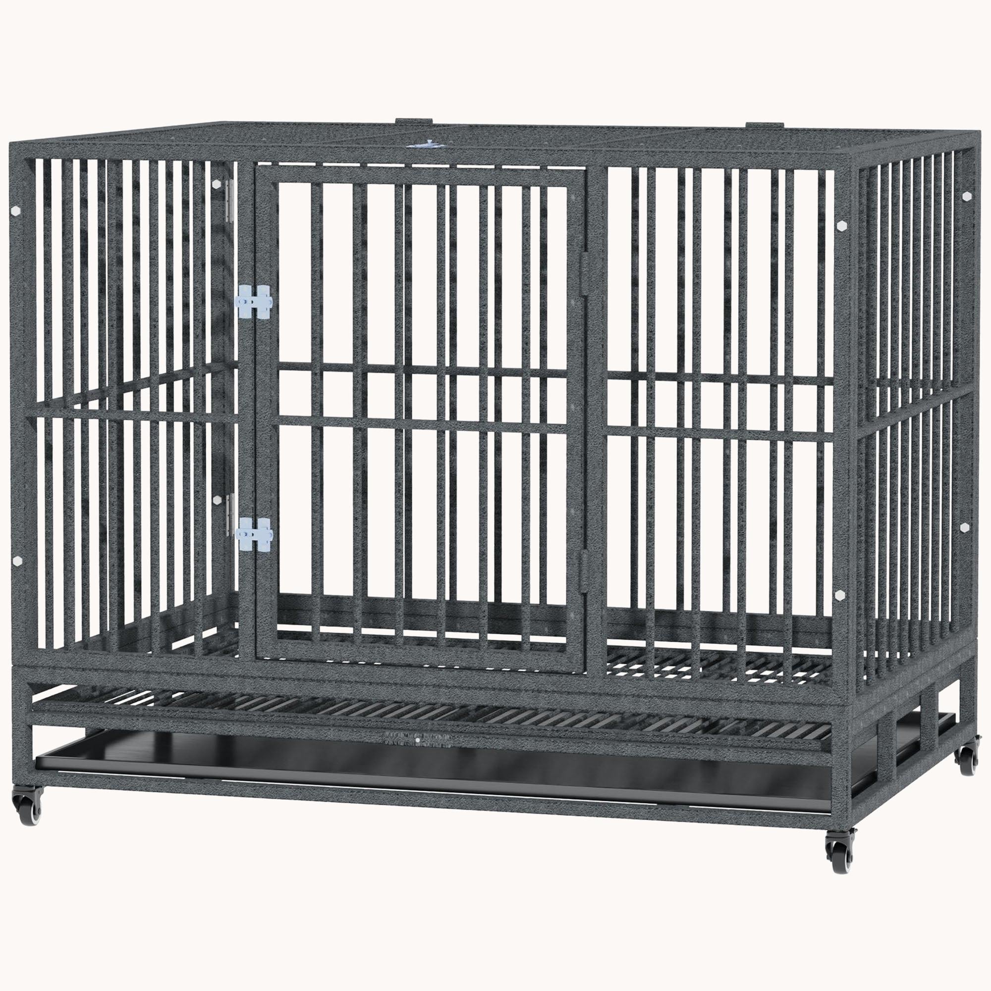 43" Heavy Duty Dog Crate with Lockable Wheels, Double Door & Removable Tray, Gray
