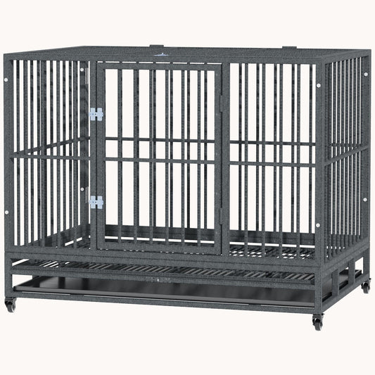 43" Heavy Duty Dog Crate with Lockable Wheels, Double Door & Removable Tray, Gray
