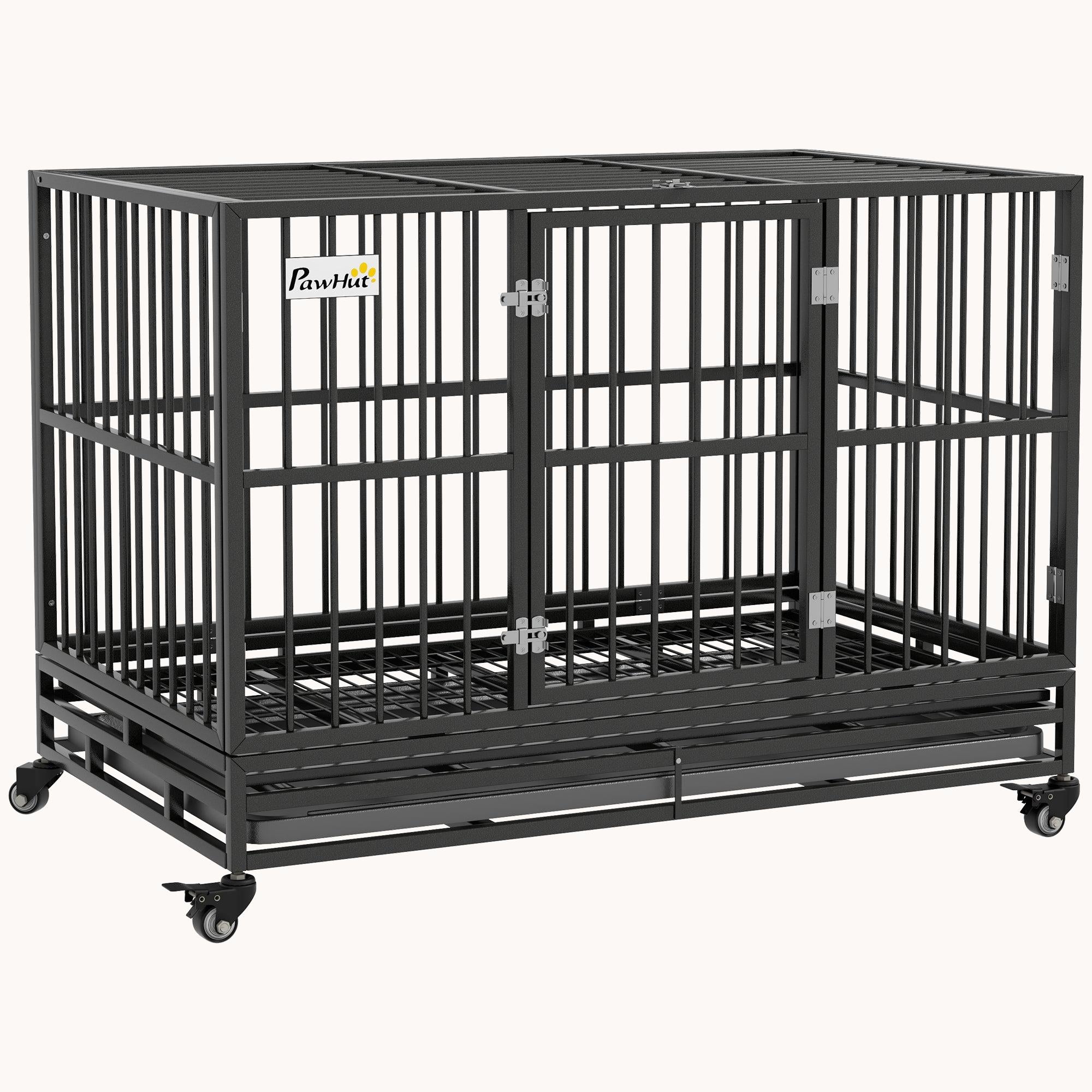 48" Heavy Duty Dog Crate with Lockable Wheels, Double Door, Removable Tray, Gray