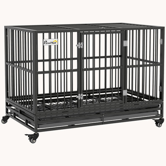 48" Heavy Duty Dog Crate with Lockable Wheels, Double Door, Removable Tray, Gray