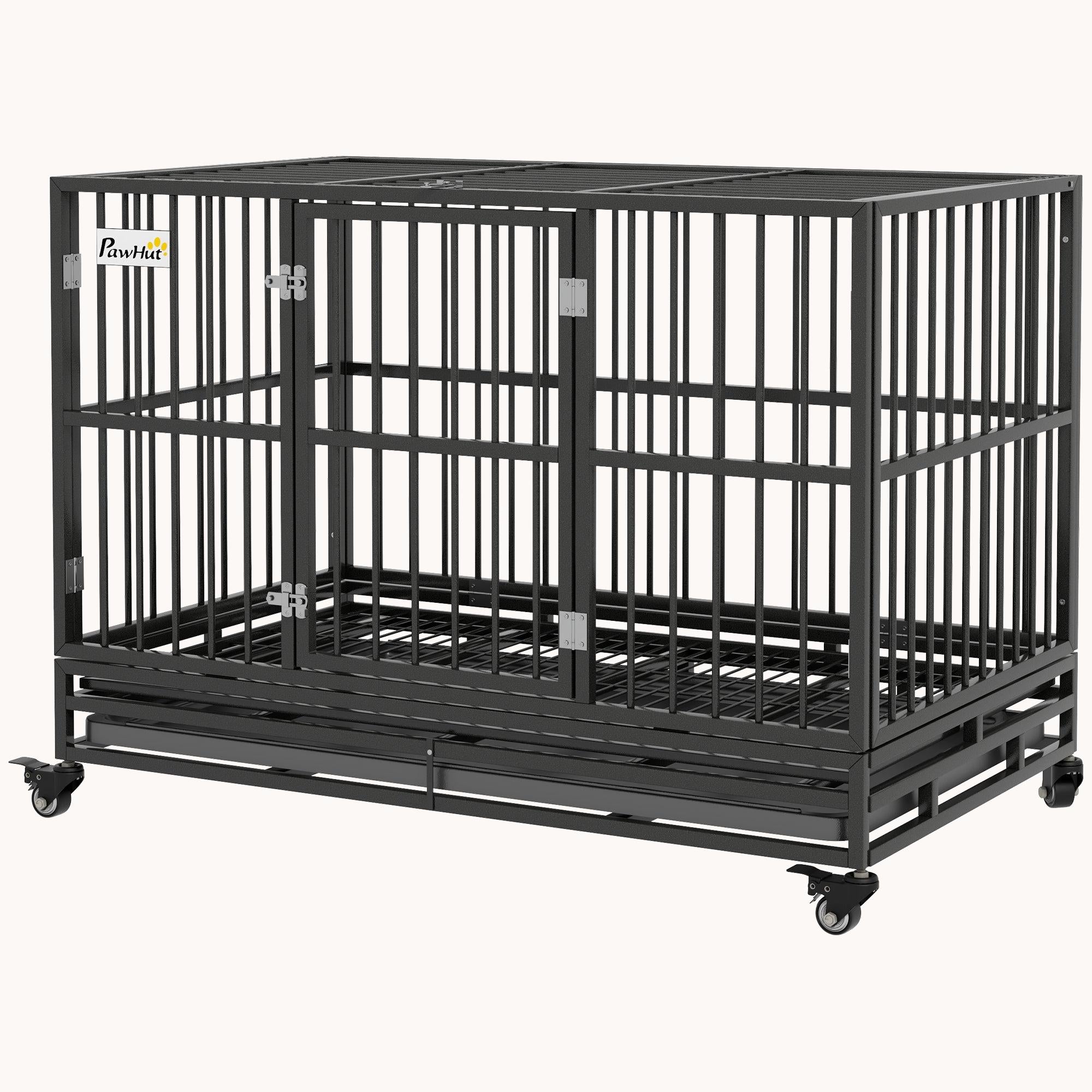 48" Heavy Duty Dog Crate with Lockable Wheels, Double Door, Removable Tray, Gray