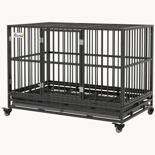48" Heavy Duty Dog Crate with Lockable Wheels, Double Door, Removable Tray, Gray