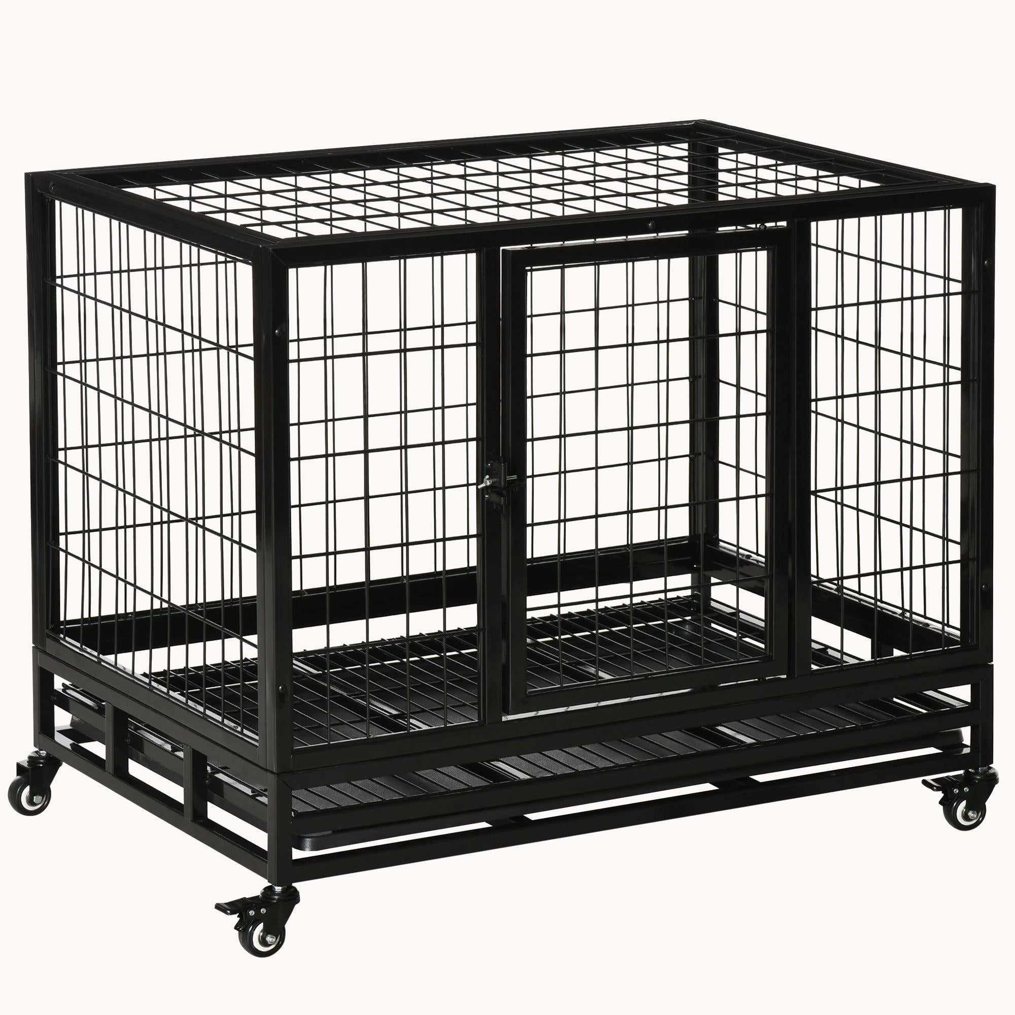 36" Heavy Duty Dog Crate with Removable Tray, Lockable Wheels & Double Door, Black