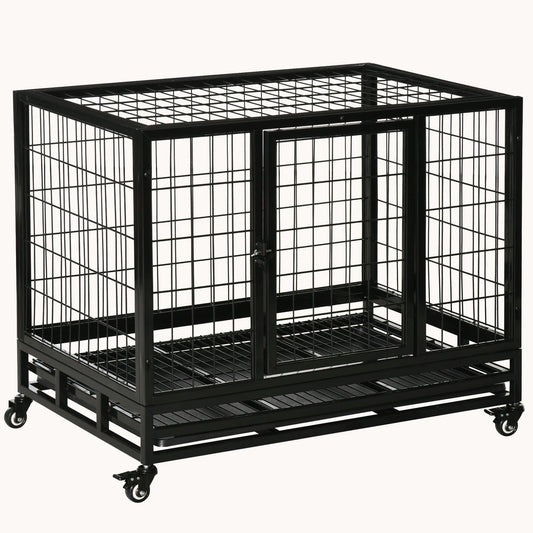 36" Heavy Duty Dog Crate with Removable Tray, Lockable Wheels & Double Door, Black