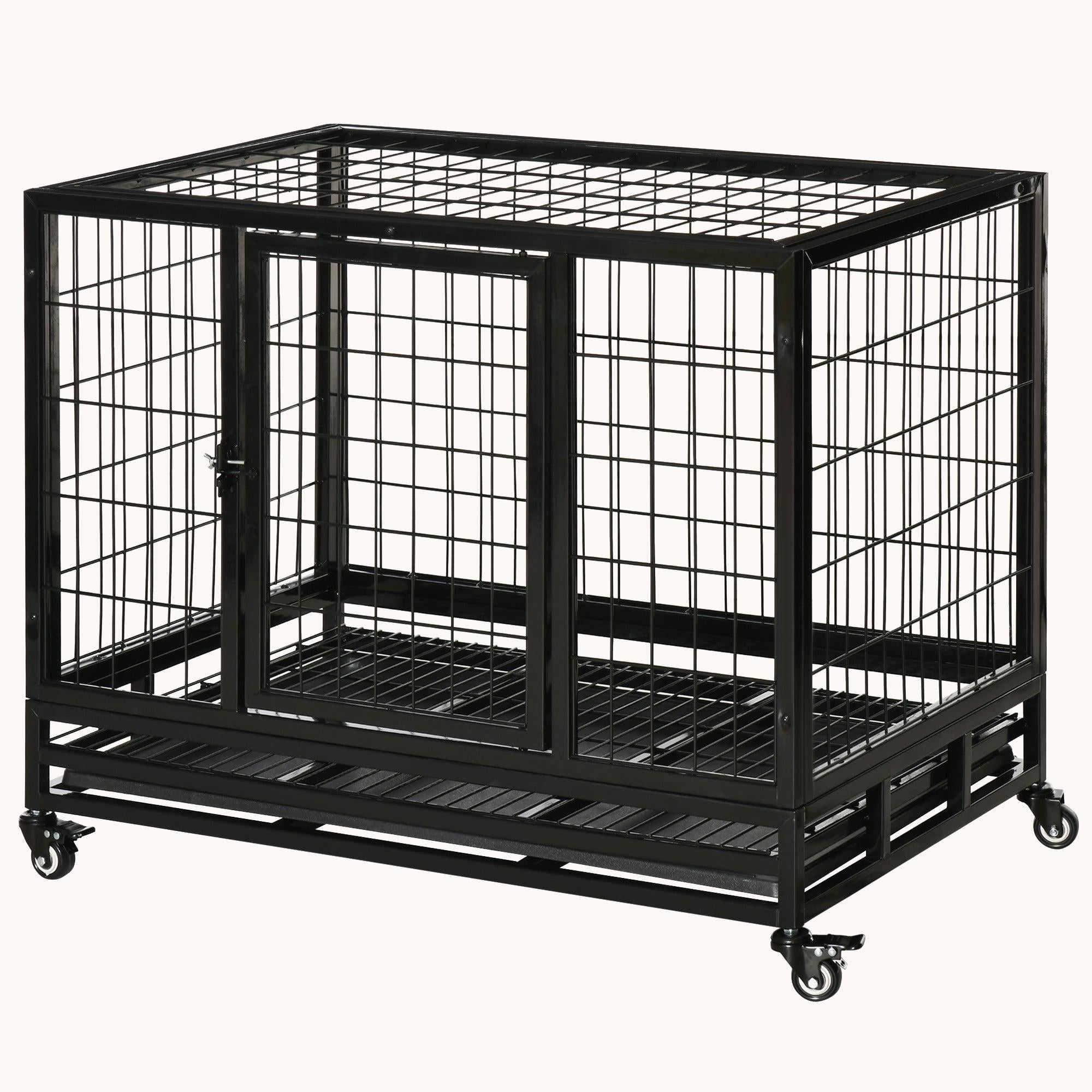 36" Heavy Duty Dog Crate with Removable Tray, Lockable Wheels & Double Door, Black