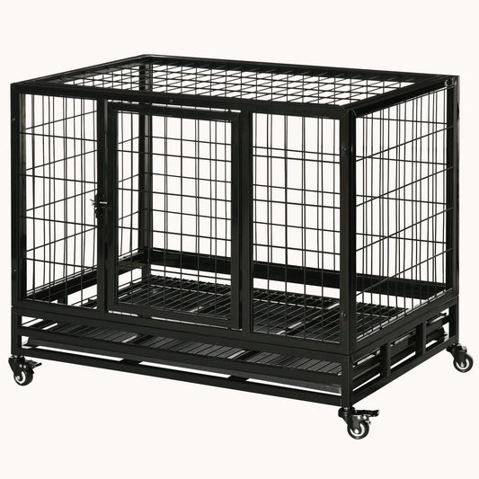 36" Heavy Duty Dog Crate with Removable Tray, Lockable Wheels & Double Door, Black