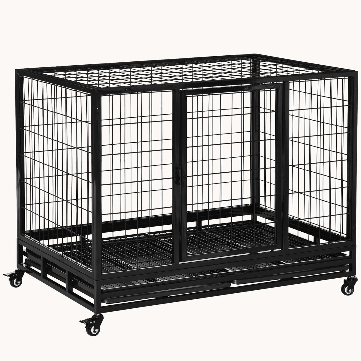 43" Heavy Duty Dog Crate with Removable Tray, Lockable Wheels & Double Door, Black