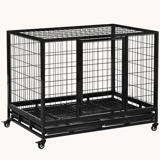 43" Heavy Duty Dog Crate with Removable Tray, Lockable Wheels & Double Door, Black