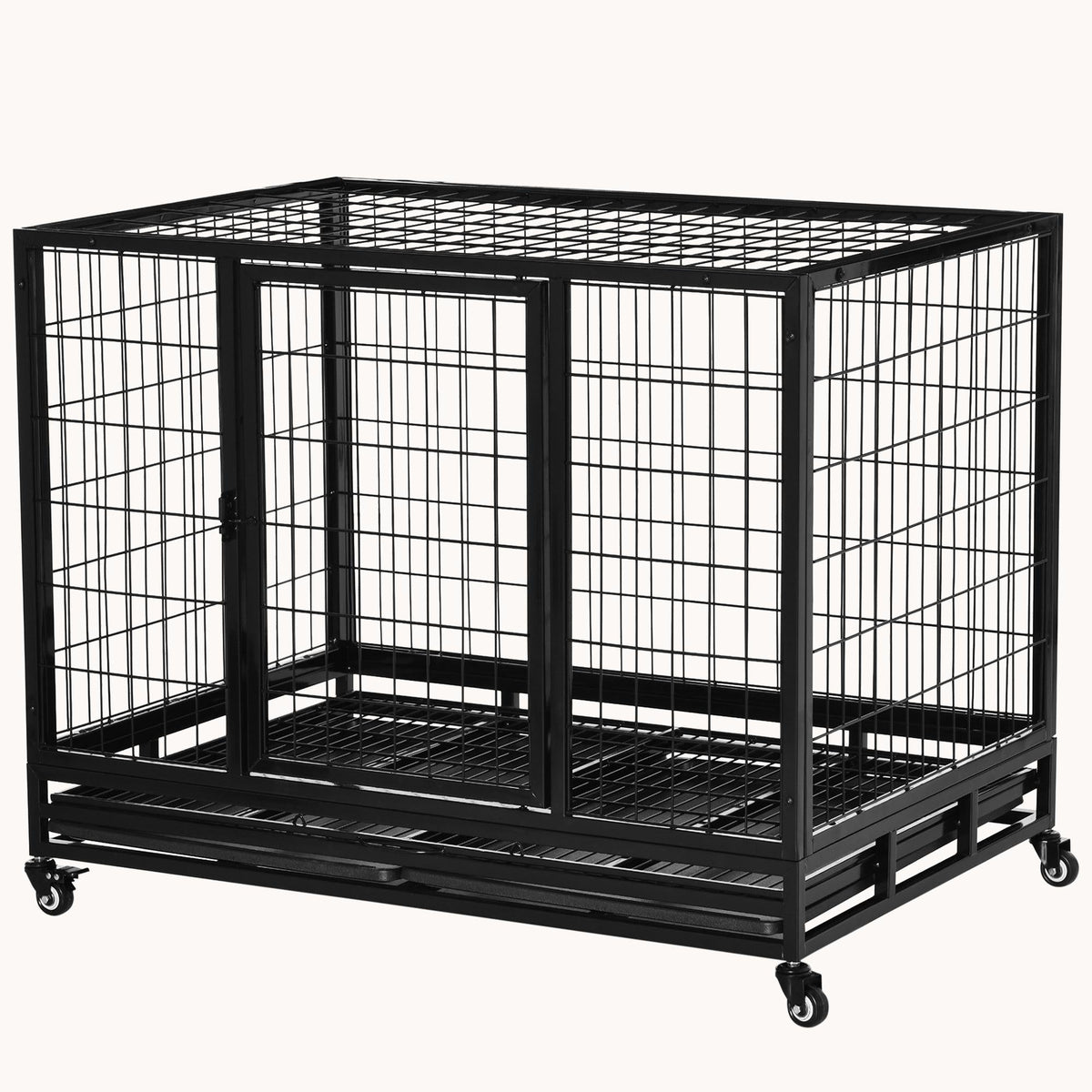 43" Heavy Duty Dog Crate with Removable Tray, Lockable Wheels & Double Door, Black